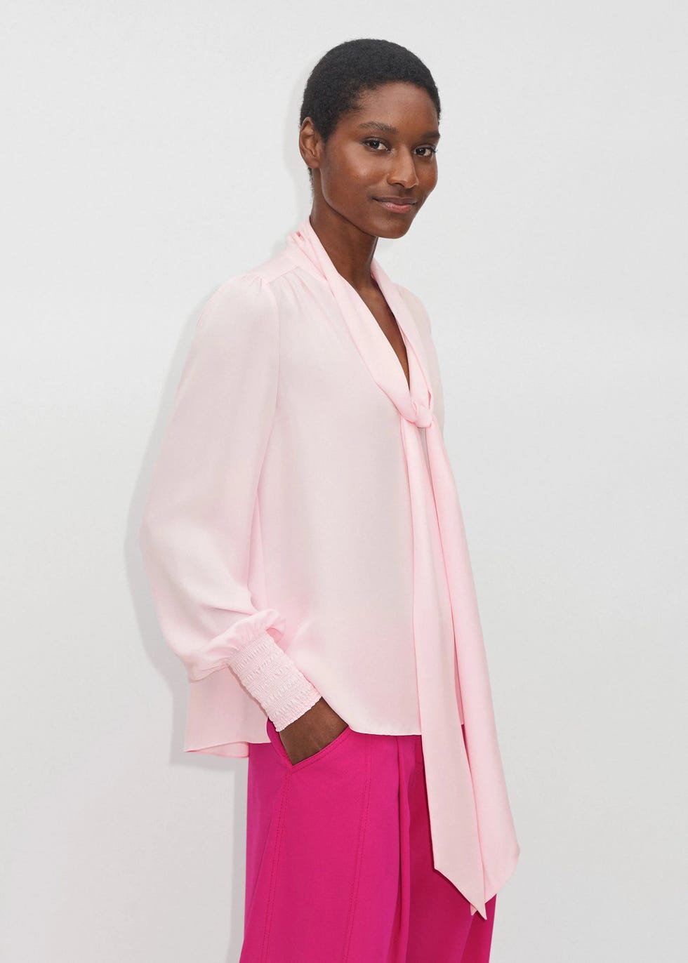 Silk V-Neck Tie Swing Blouse