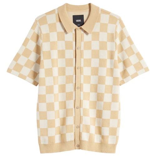 Checkerboard Button Front Cotton Polo