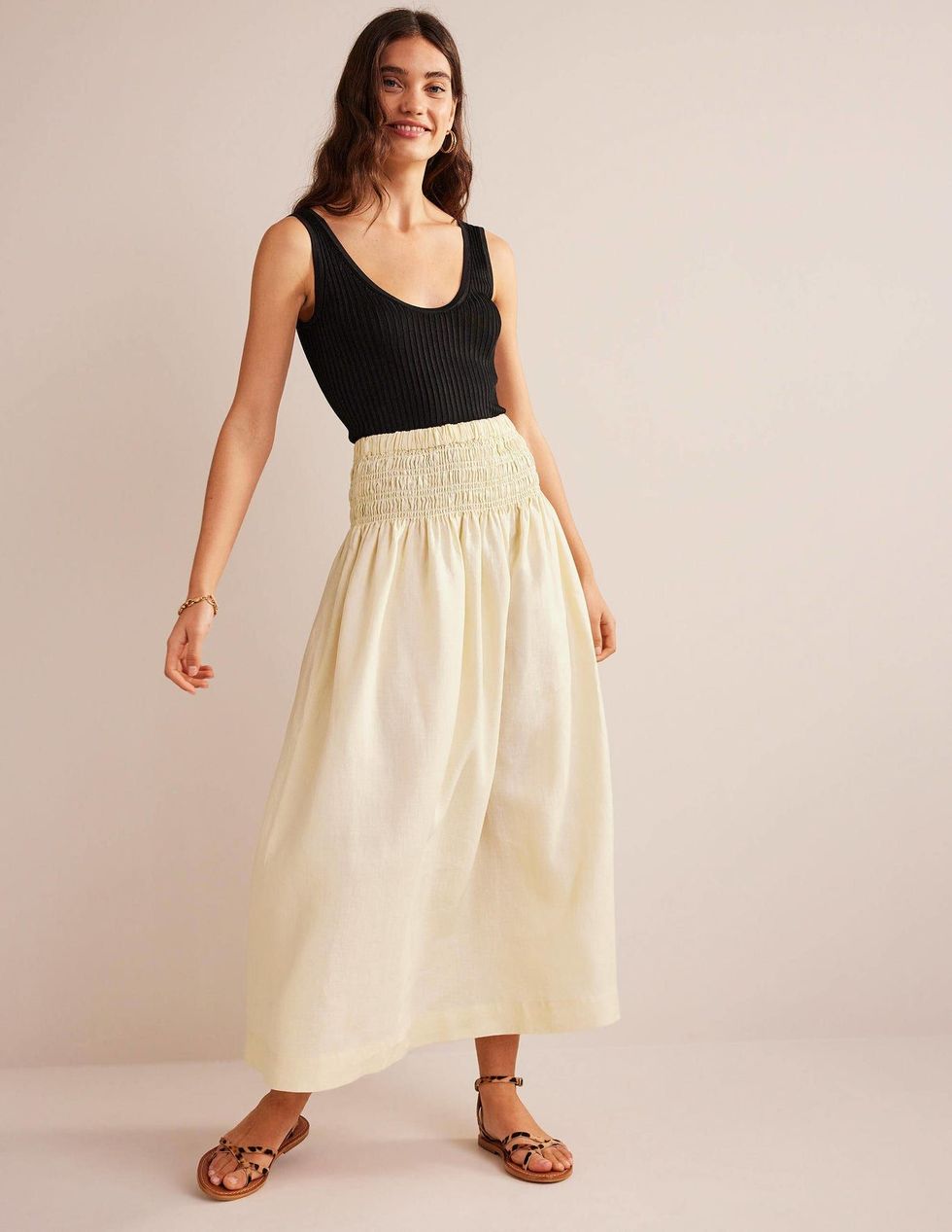 Shirred Waist Linen Midi Skirt