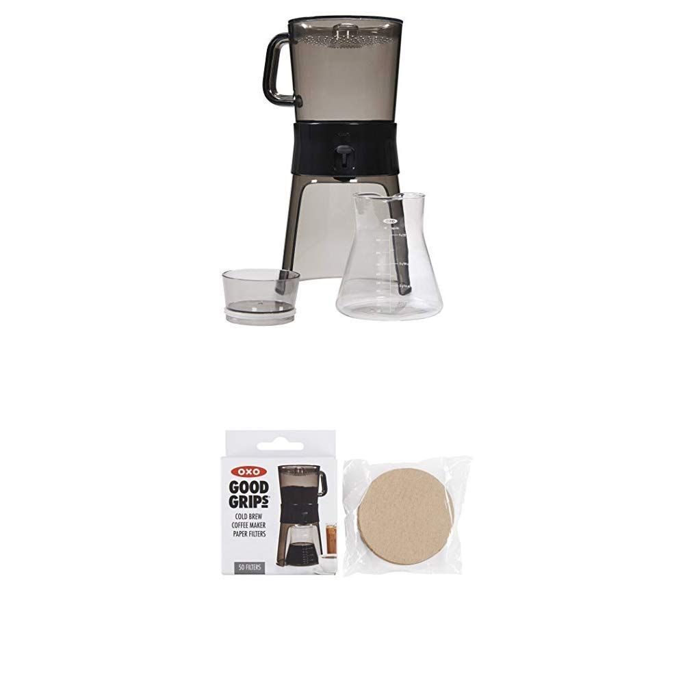 OXO Good Grips Cold Brew Coffee Maker and paper filters iced