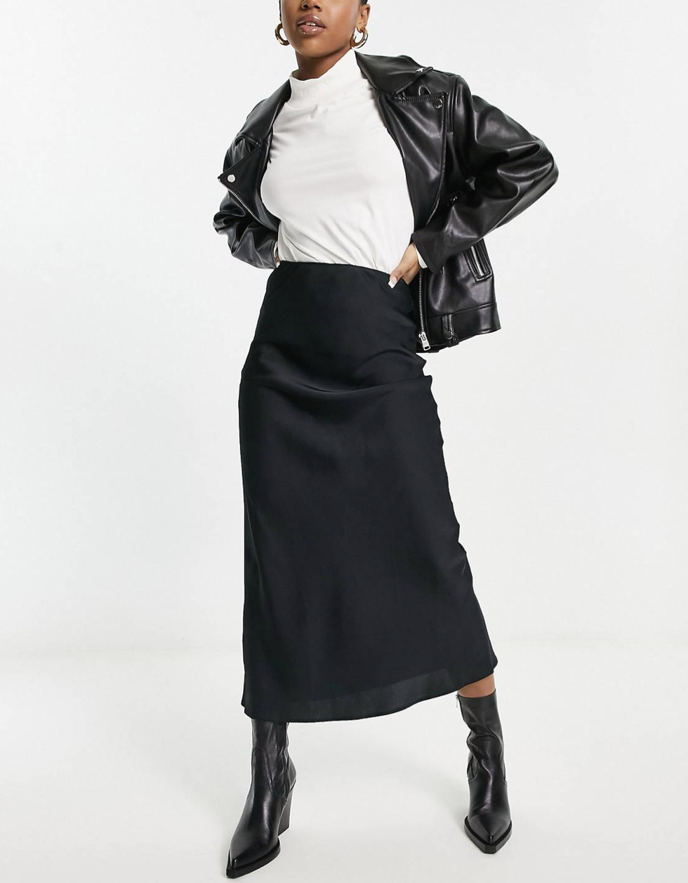Satin Bias Midi Skirt in Black