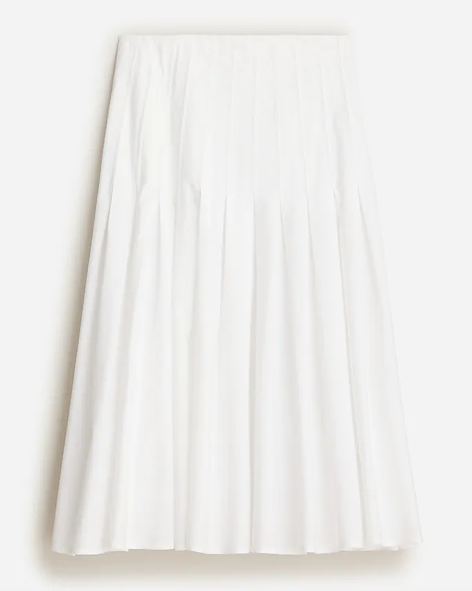 White Pleated Cotton Poplin Midi Skirt