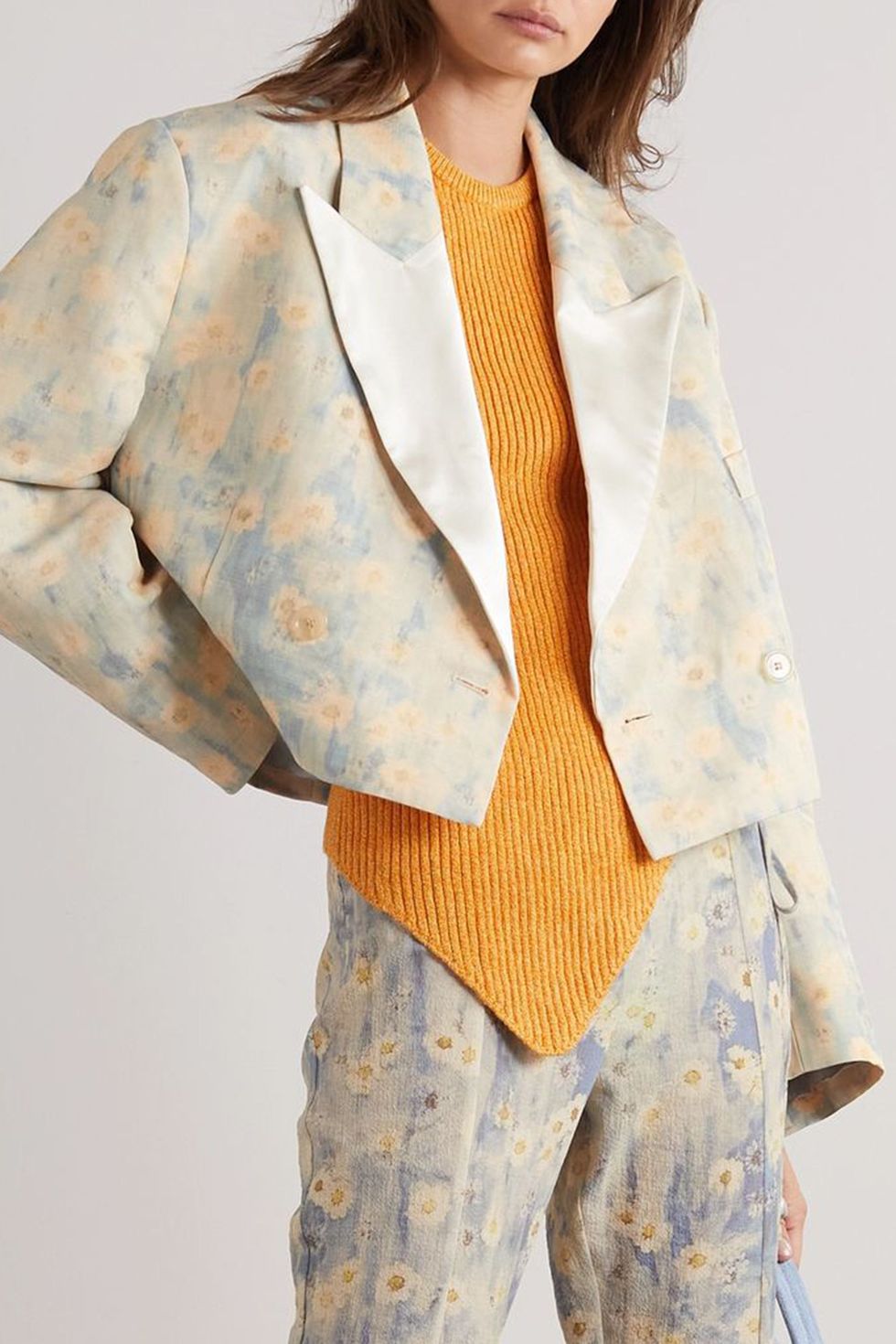 Cropped Double-Breasted Satin-Trimmed Floral-Print Canvas Blazer