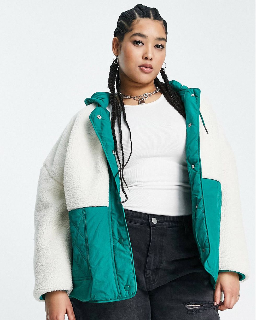 Curve Org & Quilted Jacket in Green & Cream