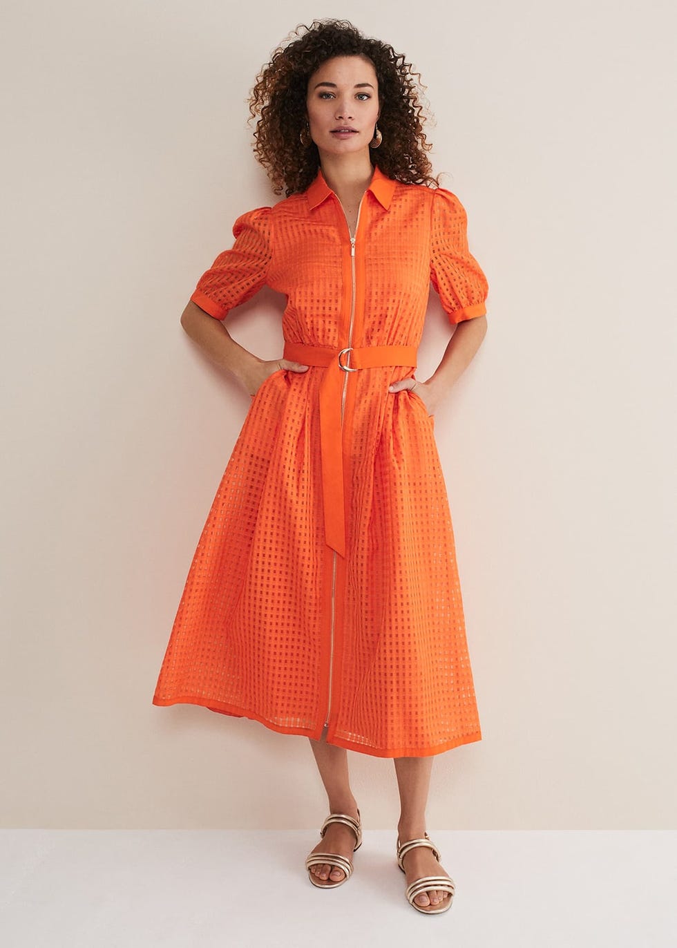 Carey Orange Checked Textured Midi Dress