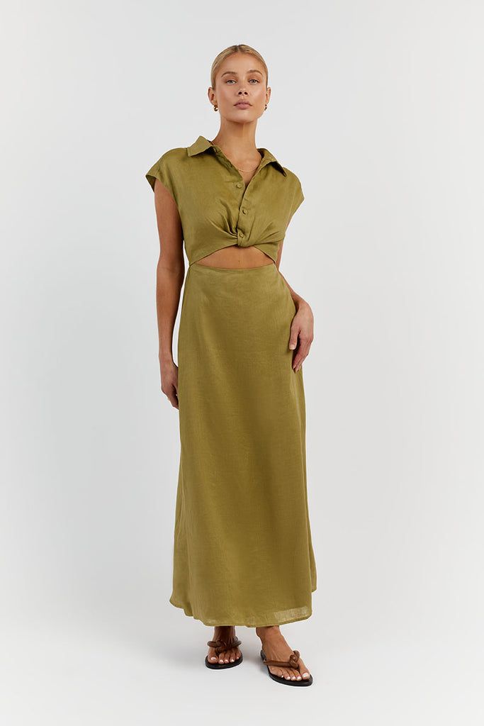 Flow Olive Linen Midi Dress 
