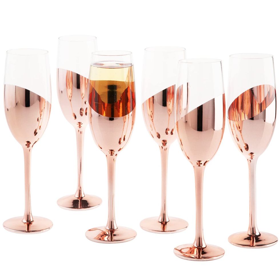 Modern Stemmed Rose Gold Champagne Flutes — Set of 6