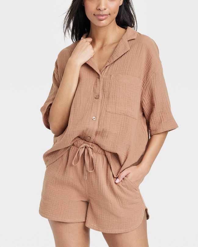 100 Percent Cotton Gauze Notch-Collar Pajama Set