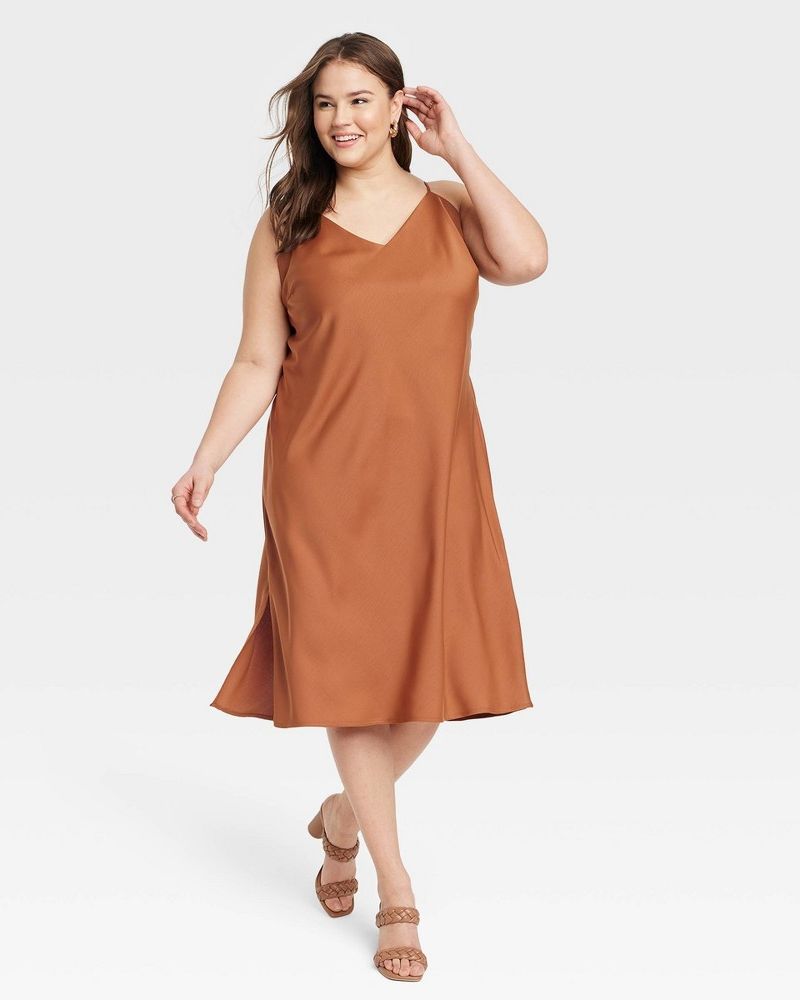V-Neck Midi Slip Dress in Brown