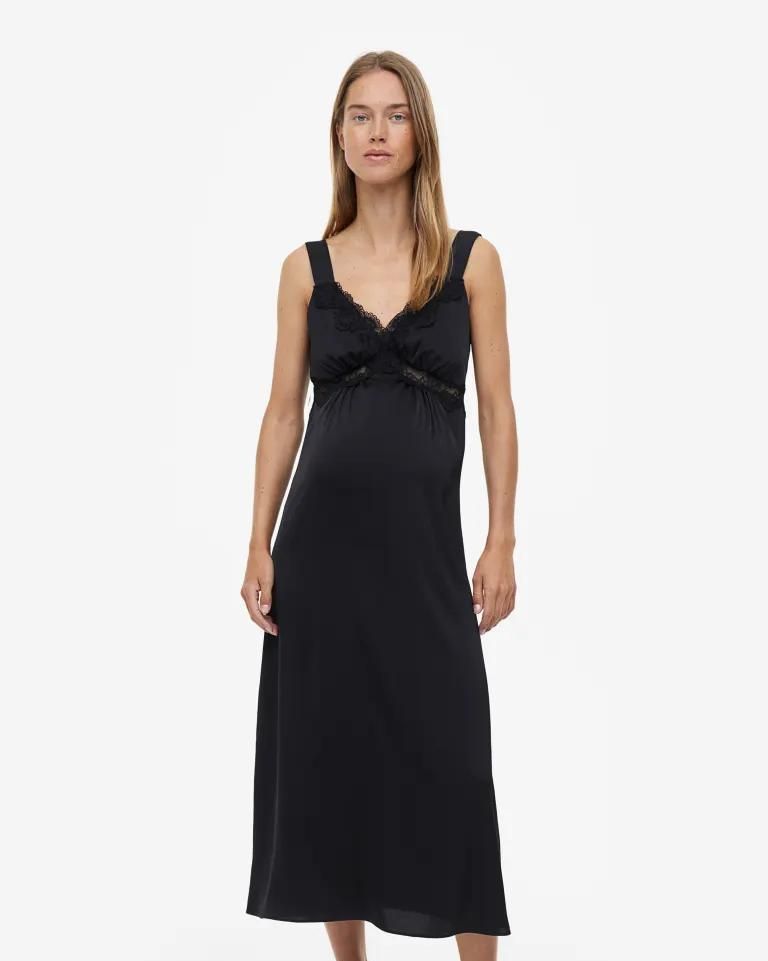 Lace-detail Satin Slip Dress - Black - Ladies