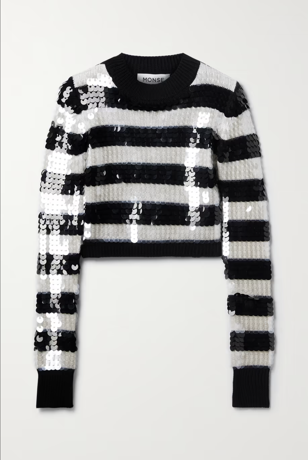 Cropped Paillette-Embellished Striped Wool Sweater