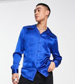 Satin Shirt With 70s Collar in Blue