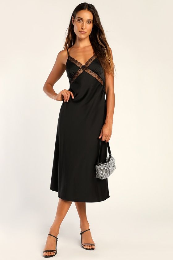 Simply Gorgeous Black Satin Lace Slip Dress
