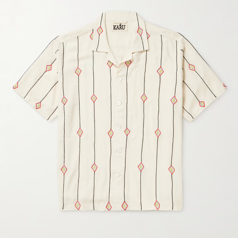 Camp-collar decorated cotton-jacquard shirt