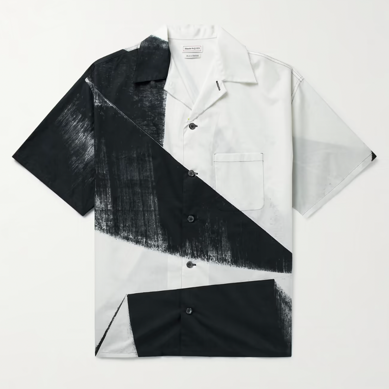 Camp-collar printed cotton-poplin shirt