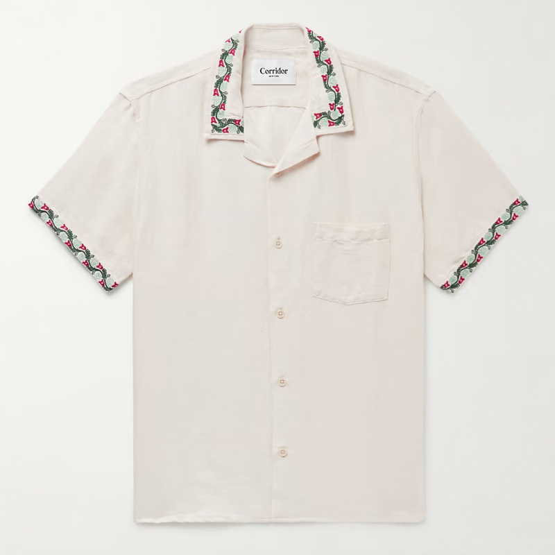 Hamsa Camp-Collar Embroidered Linen and Cotton-Blend Shirt