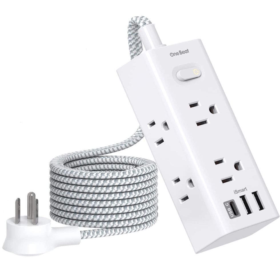 10ft Extension Cord Power Strip Tower, NTONPOWER Flat Plug Surge Protector  with 8 Outlets 5 USB Desktop Charging Station, Individual Switches, 1080