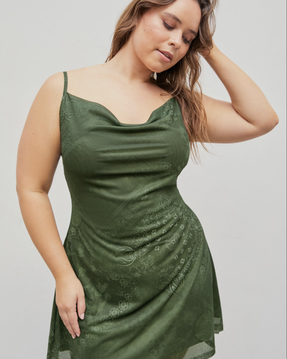 Curve & Plus Paisley Cowl Neck Mesh Mini Dress