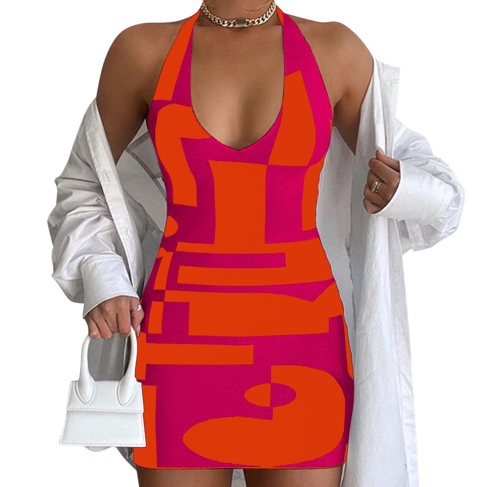 Halter Neck Bodycon Pink and Orange Dress