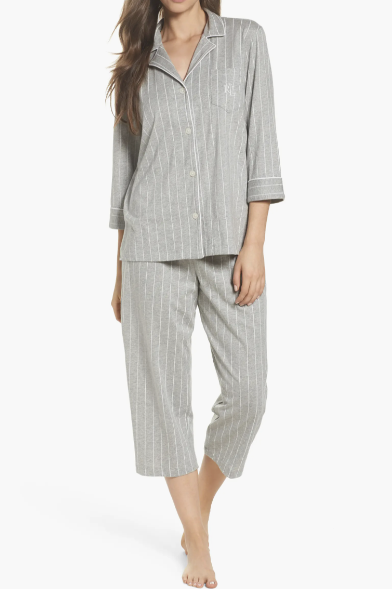 Knit Crop Cotton Pajamas in Lagoon Gray and White Stripe