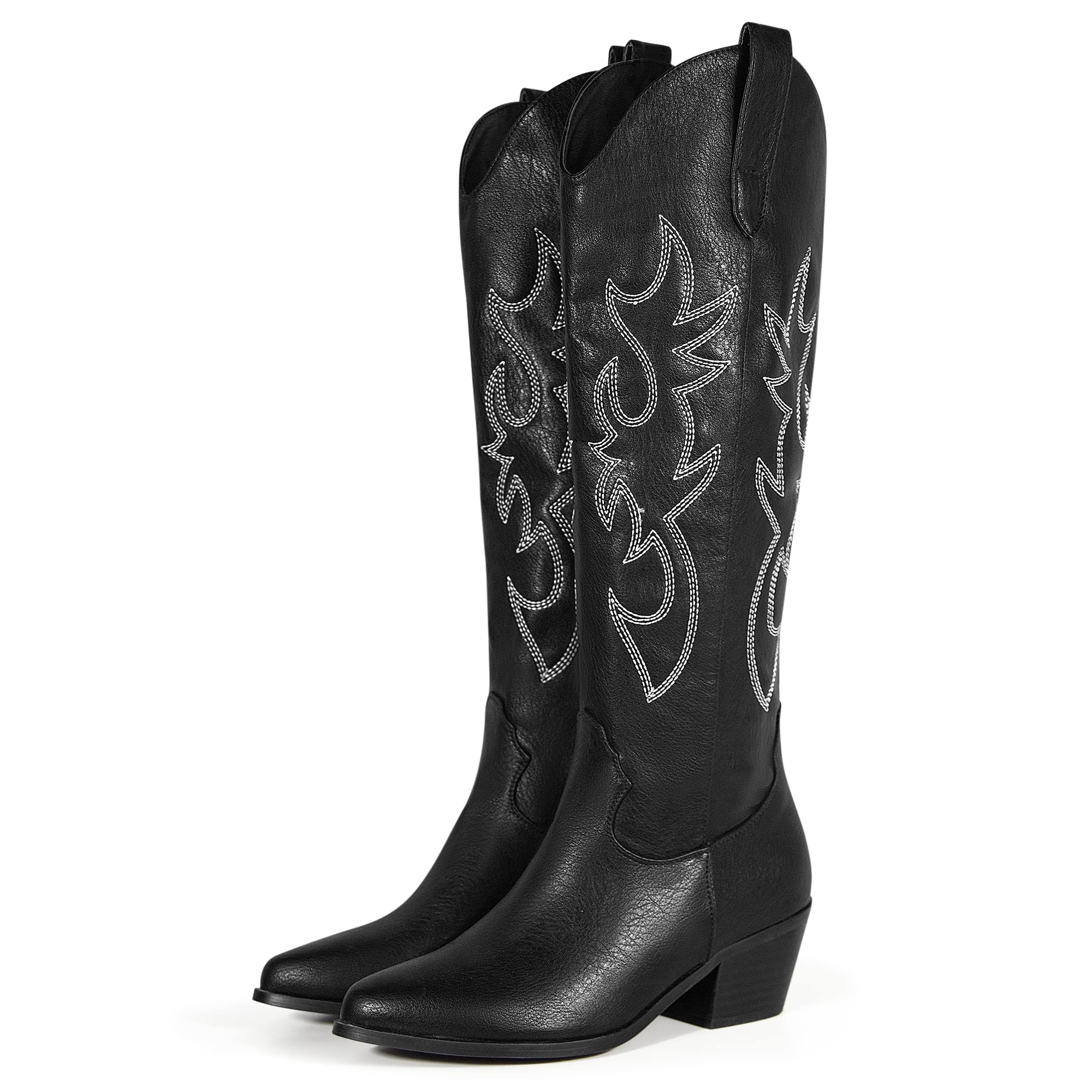 Kelsie embroidered western thigh high long boot hot sale in black faux leather