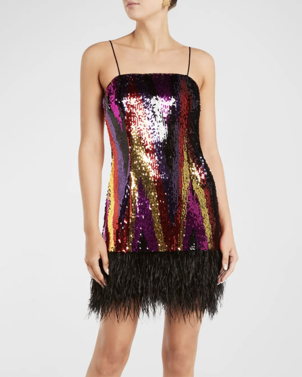Kaia Sequin Feather-Trim Mini Dress