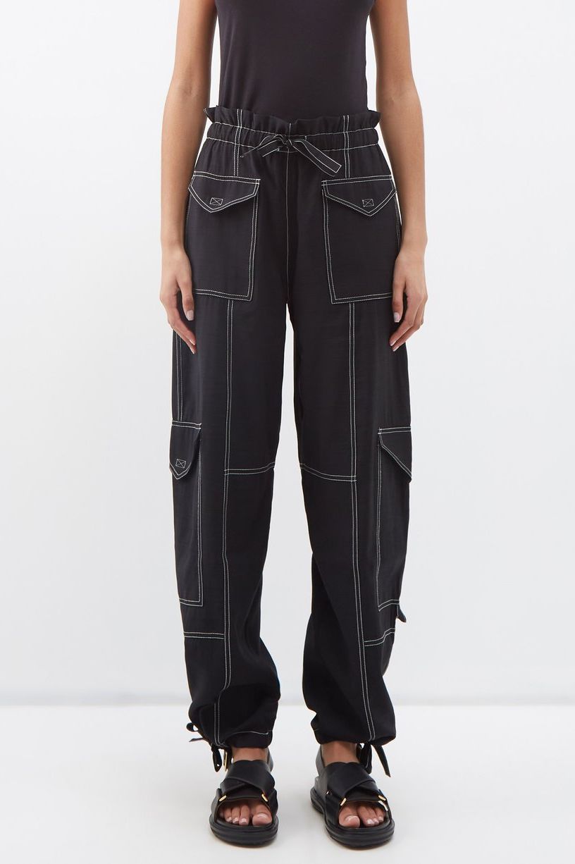 Paperbag-waist contrast-stitch cargo trousers