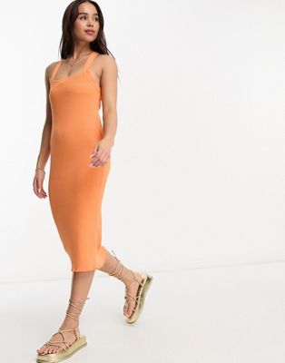Maxi dress bertali rajutan berwarna oranye