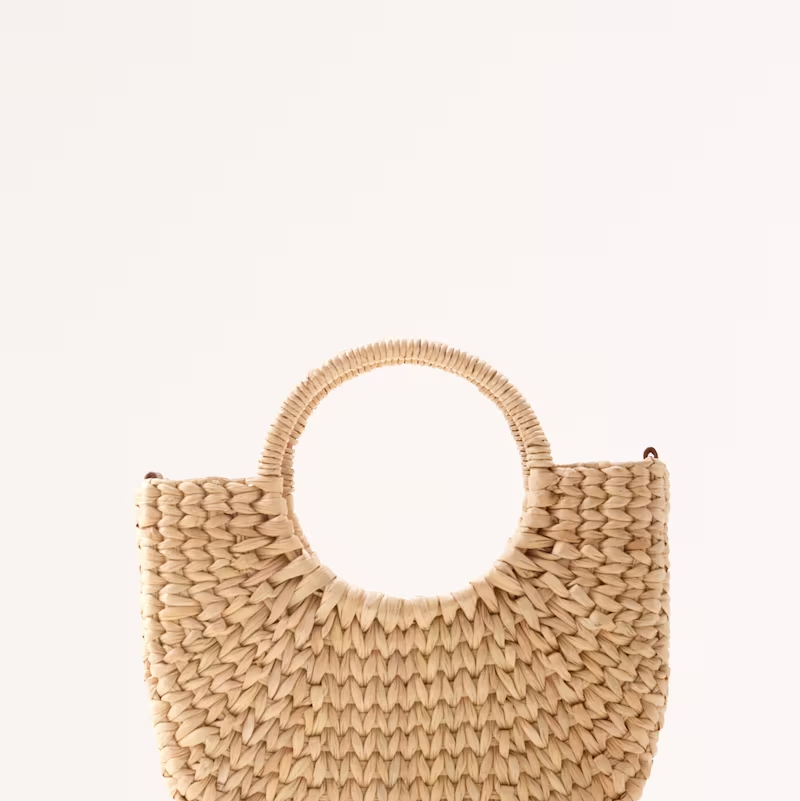 Natural Cane Cotton Canvas Woven Semi Circle Handbag or Basket