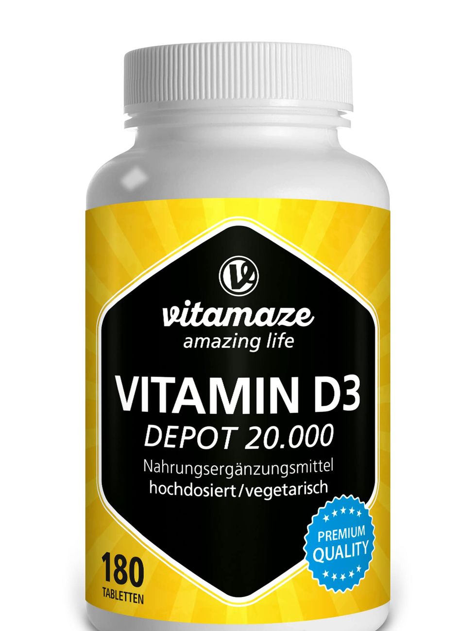 Vitamina D3 20.000 UI de Alta Dosis, (Suministro +1 Año) de Alta Potencia de Vitamina D, (Dosis cada 20 dias), Vitamin D Pastillas para Mujer y Hombre. Calidad Alemana, 180 Tabletas. Vitamaze®