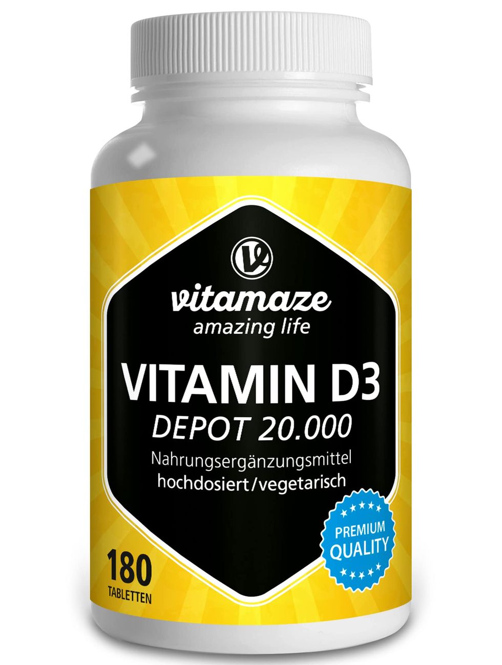 Vitamina D3 20.000 UI de Alta Dosis, (Suministro +1 Año) de Alta Potencia de Vitamina D, (Dosis cada 20 dias), Vitamin D Pastillas para Mujer y Hombre. Calidad Alemana, 180 Tabletas. Vitamaze®