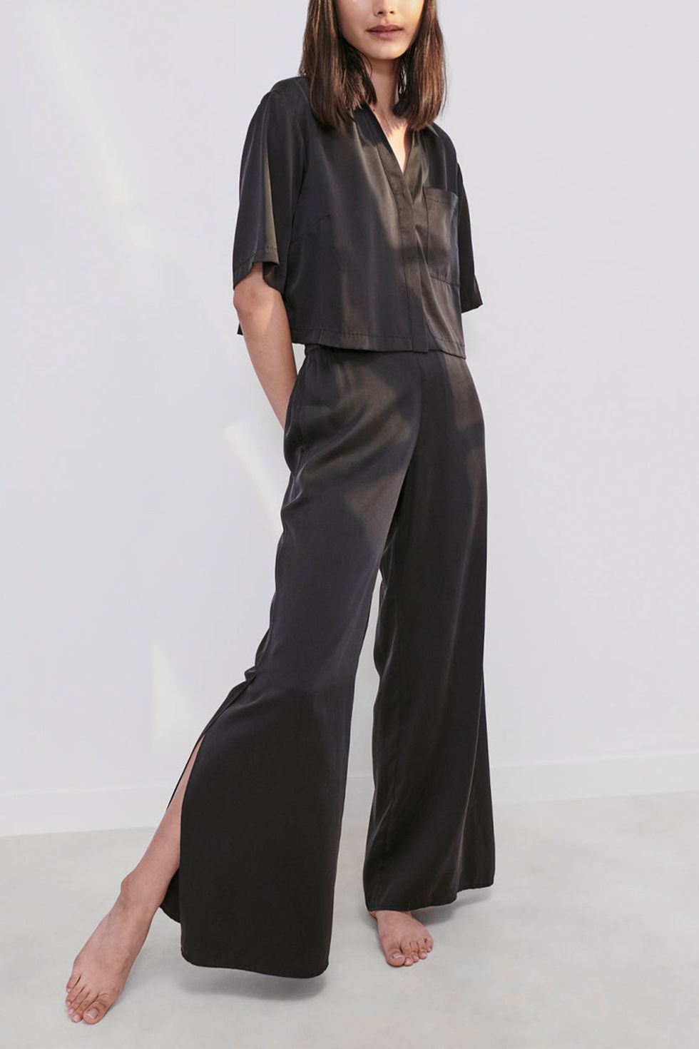 Sexy Satin Plain Black Pyjamas PJs Set Full Length Long Sleeve Neglige –  Just For You Boutique®