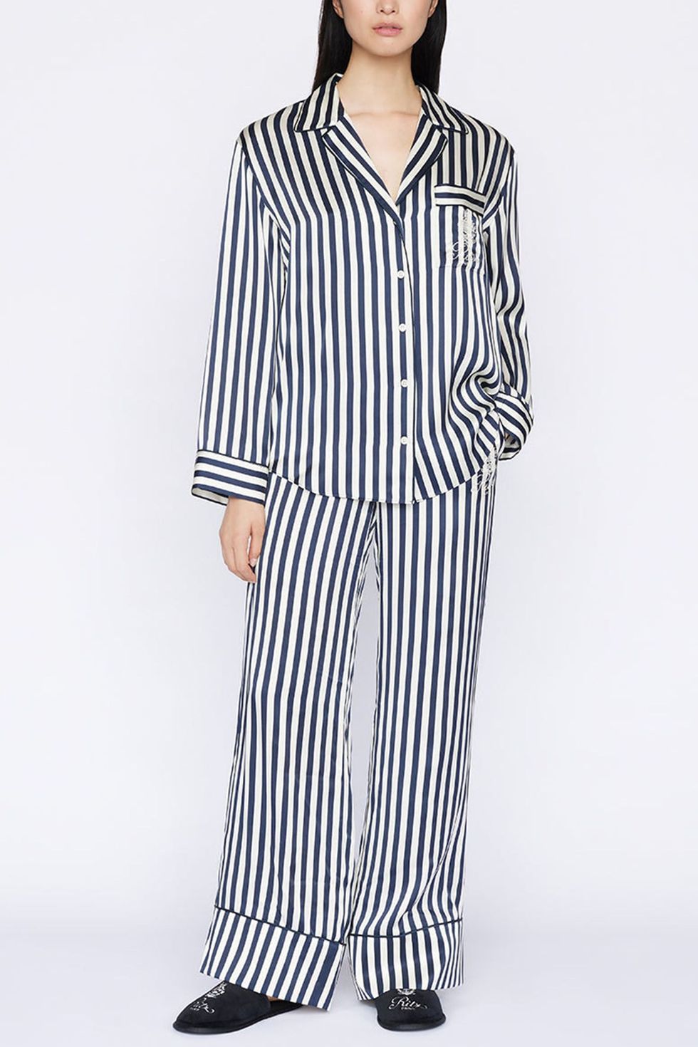 Women's Classic Stripe Silk Sleepwear Luxury Long Sleeves Silk Pajamas