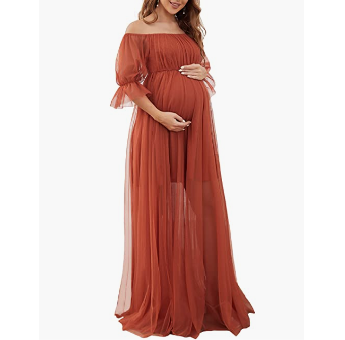 Elegant Dark Red Maternity Tulle Gown With Ruffles Belted Photoshoot & Baby  Shower Dress From Penomise, $110.36 | DHgate.Com