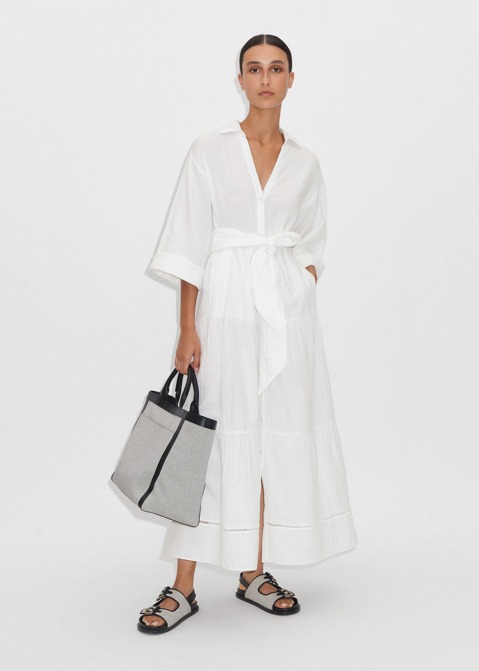 Cheesecloth Button Front Maxi Shirt Dress + Belt
