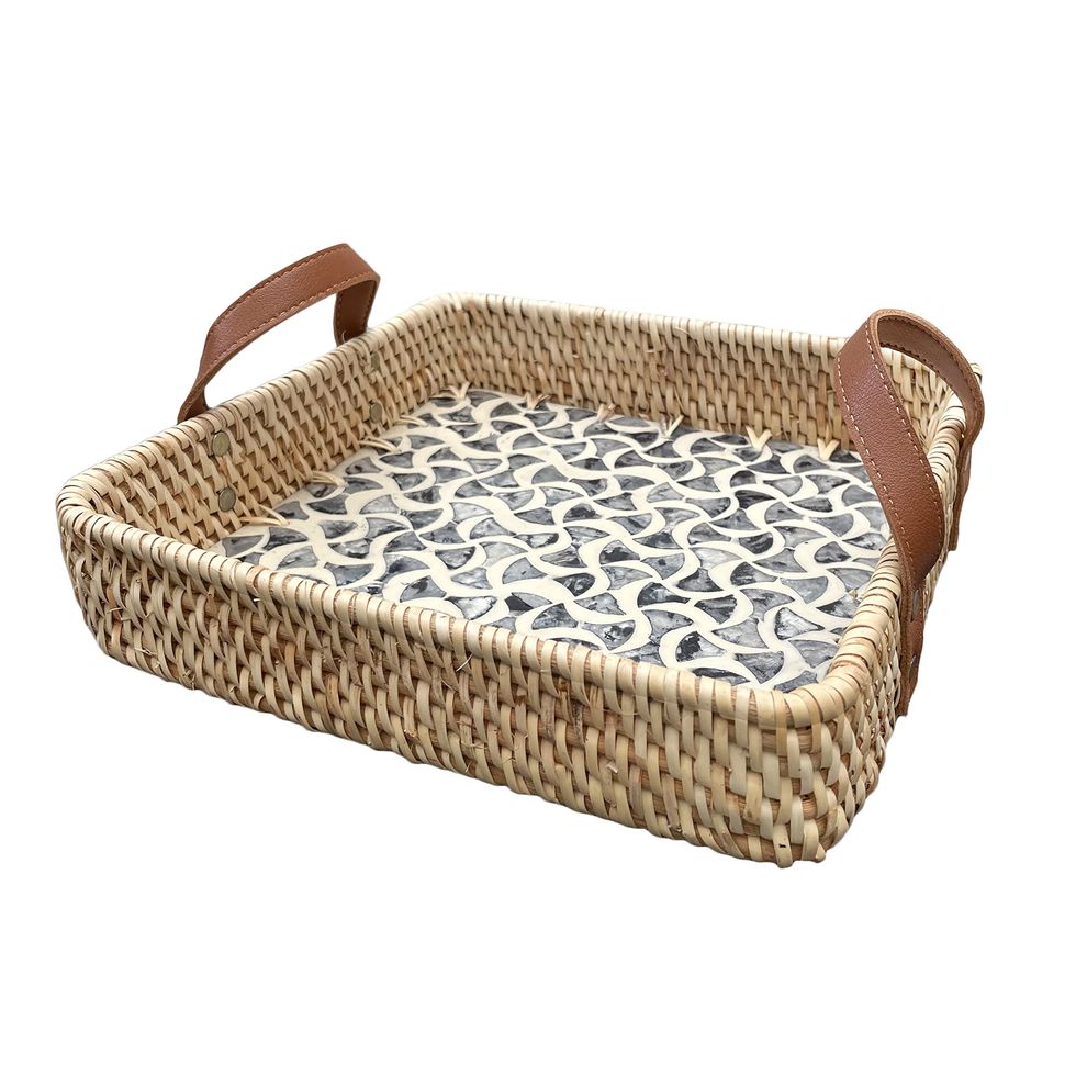 Rectangular Rattan Tray with Mother of Pearl Inlay