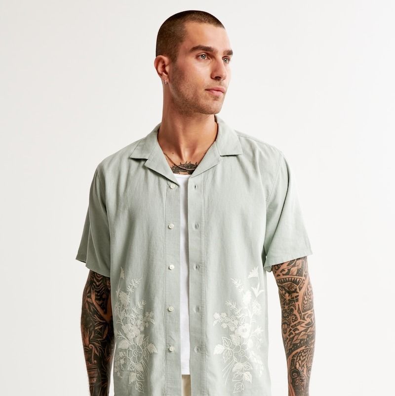 Lucky Brand Men's Stripe Linen Short Sleeve Camp Collar Shirt