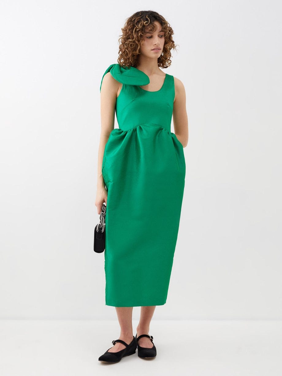 Anne Bow-Shoulder Taffeta Midi Dress