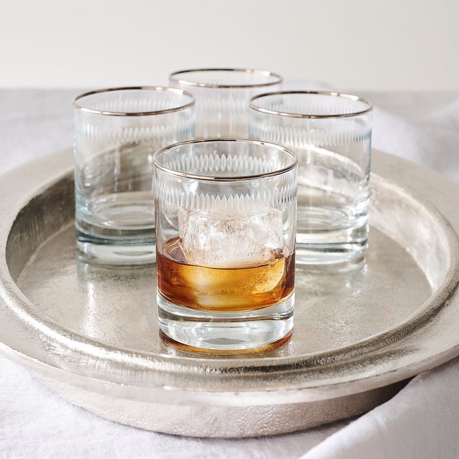Etched Silver Rim Old Fashioned Glasses, Set of 4