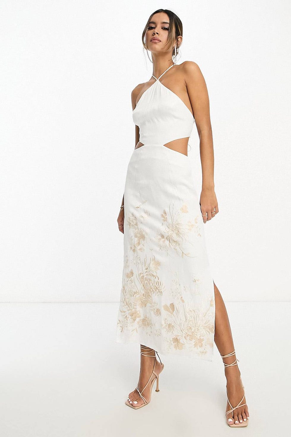 EDISI ASOS gaun midi satin halter bordir bunga dengan potongan belakang gading EDISI ASOS gaun midi satin halter bordir bunga dengan potongan belakang gading