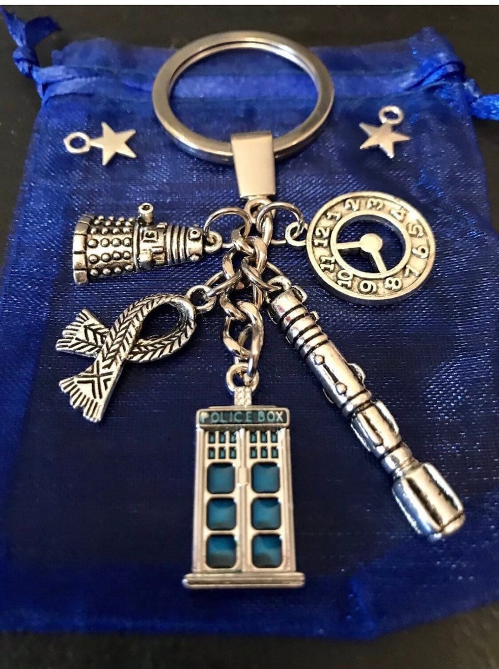 Dr Who Inspiration: Silver Tardis Phone Box Charm Key Ring.