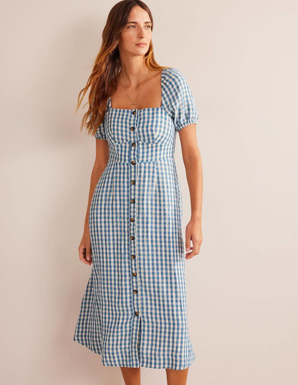 Square Neck Linen Midi Dress - Delphinium Blue, Gingham-£104