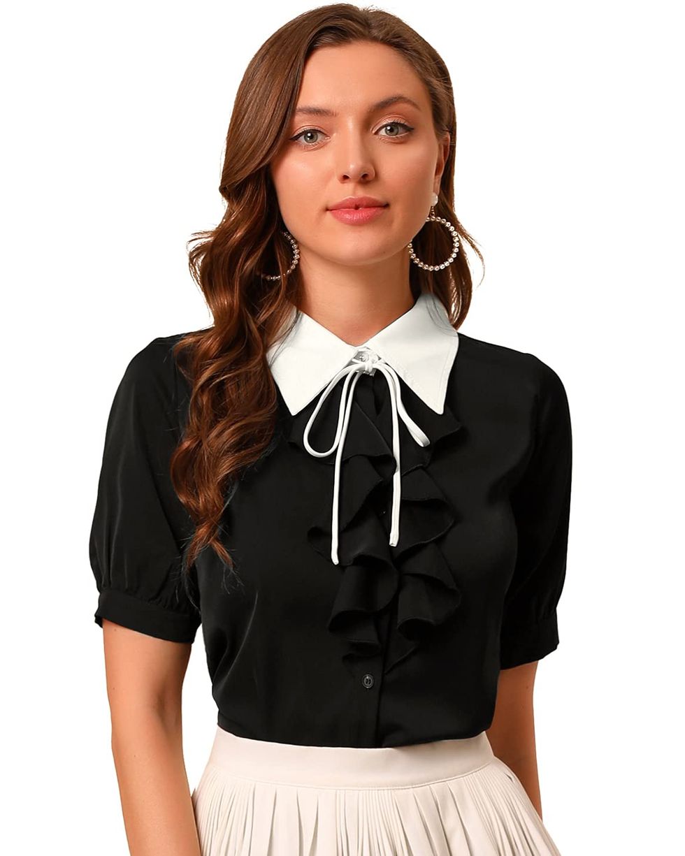 Contrast Collar Tie Ruffle Front Blouse