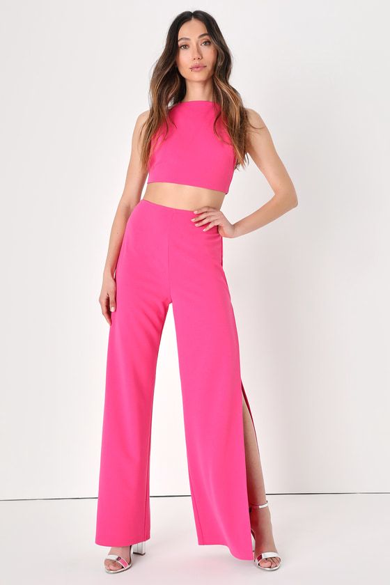Poised Perfection Hot Pink Tie-Back Wide-Leg Two-Piece Jumpsuit