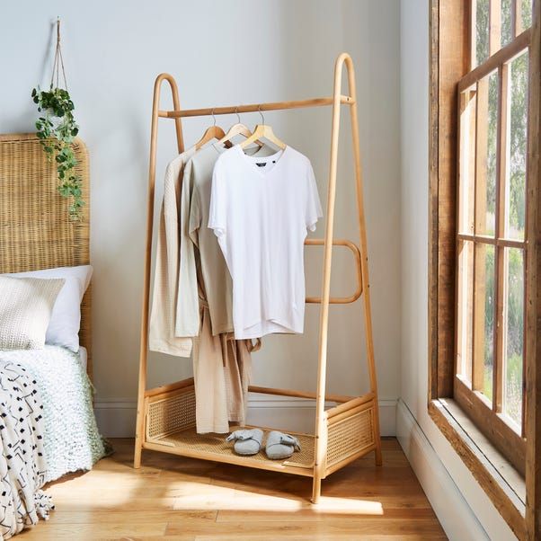 Rolling Bamboo Wooden Clothes Rail Coat Hat Hanger Garment Stand