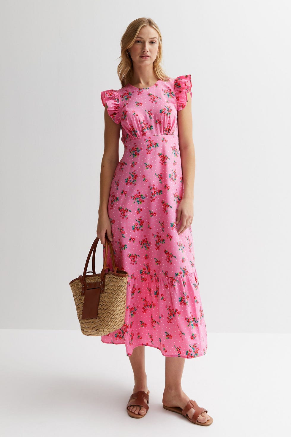 Pink Floral Spot High Neck Gaun Midi Keliman Berjenjang Pink Floral Spot High Neck Gaun Midi Keliman Berjenjang