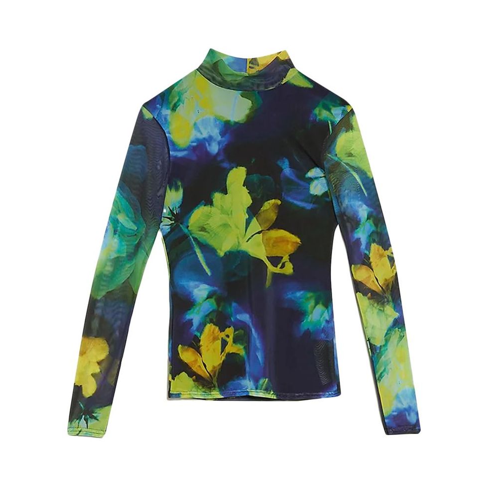 Floral Print Long Sleeve Funnel Neck Mesh Top
