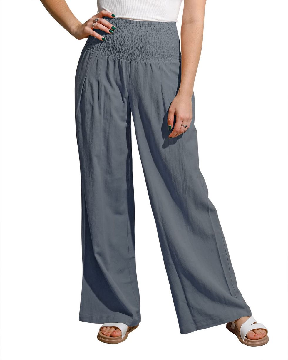 Women's Wide Leg Pants 2023 Pejock Women Summer High Waisted Cotton Linen  Trousers Straight Suit Pants Long Lounge Pant Trousers with Pocket Navy L  (US Size:8) 