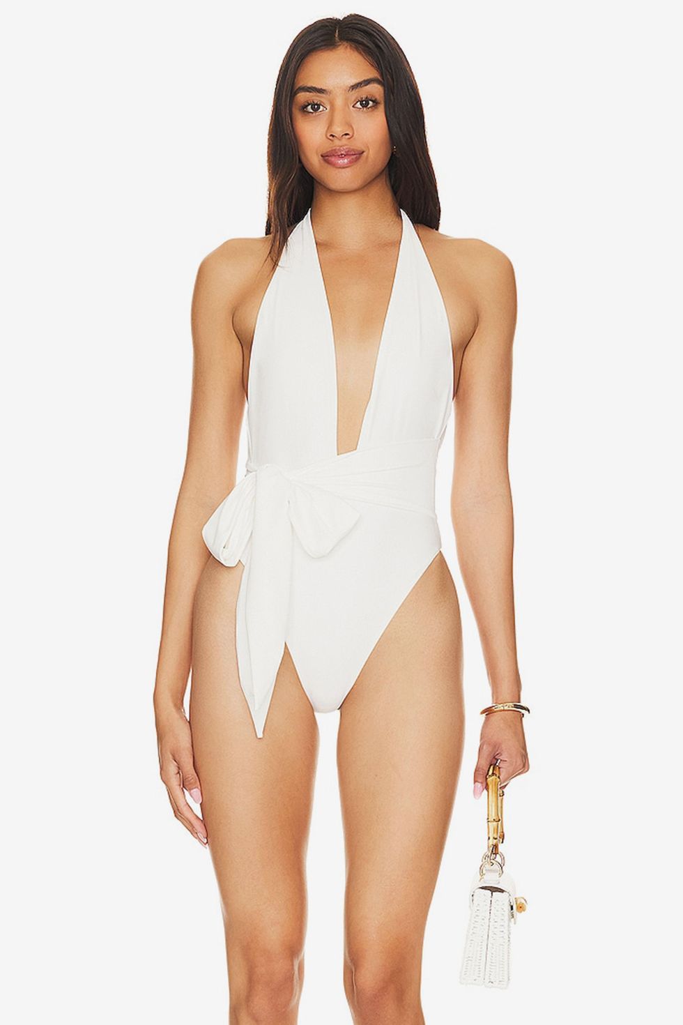 White Cross Halter Cut Out O-Ring Belt One Piece Swimsuit