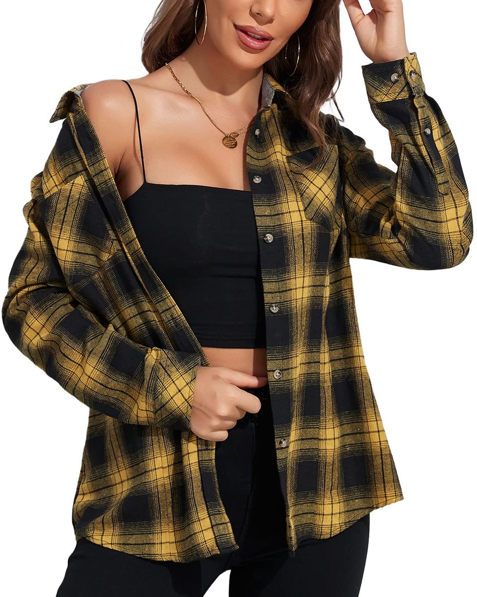 Button Down Shirts Dress for Women Loose Plaid Long Sleeve Flannel Blouse  Short Dresses Beige and Gray S at  Women's Clothing store